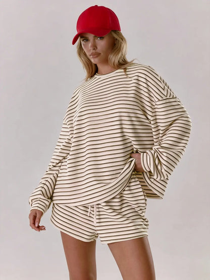 Women'S Striped Set, Loose Fit Oversized, Casual round Neck Long Sleeve Top, Pocket Shorts, 2-Piece Set, Soft Comfortable, Thick Warm Home Wear