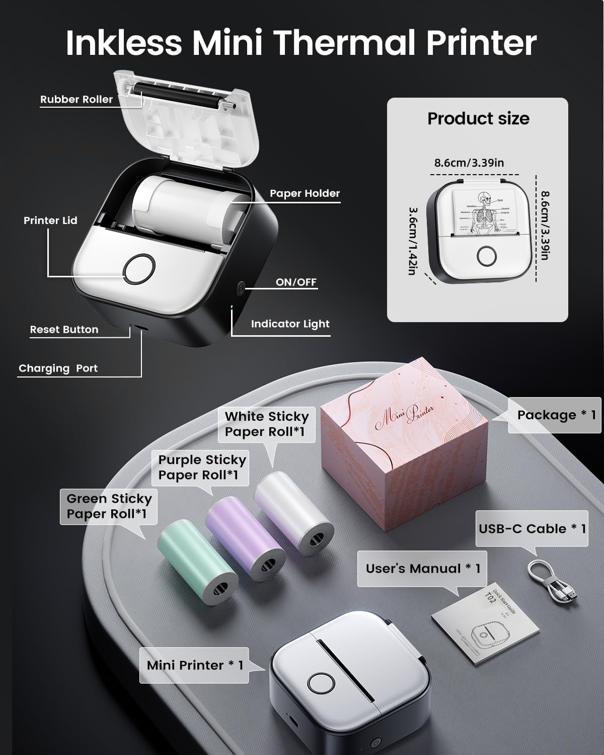 Mini Printer-Sticker Printer T02 Inkless Sticker Maker Machine with 600 Pcs