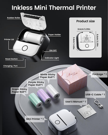 Mini Printer-Sticker Printer T02 Inkless Sticker Maker Machine with 600 Pcs