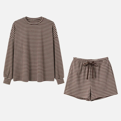 Women'S Striped Set, Loose Fit Oversized, Casual round Neck Long Sleeve Top, Pocket Shorts, 2-Piece Set, Soft Comfortable, Thick Warm Home Wear