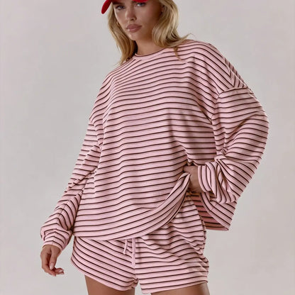 Women'S Striped Set, Loose Fit Oversized, Casual round Neck Long Sleeve Top, Pocket Shorts, 2-Piece Set, Soft Comfortable, Thick Warm Home Wear