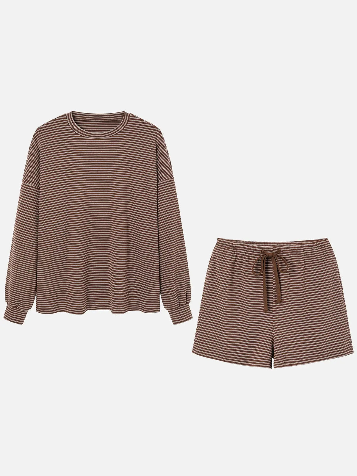 Women'S Striped Set, Loose Fit Oversized, Casual round Neck Long Sleeve Top, Pocket Shorts, 2-Piece Set, Soft Comfortable, Thick Warm Home Wear