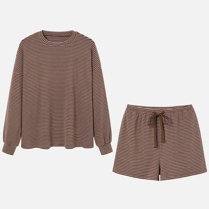 Women'S Striped Set, Loose Fit Oversized, Casual round Neck Long Sleeve Top, Pocket Shorts, 2-Piece Set, Soft Comfortable, Thick Warm Home Wear