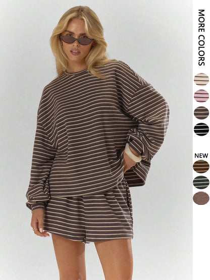 Women'S Striped Set, Loose Fit Oversized, Casual round Neck Long Sleeve Top, Pocket Shorts, 2-Piece Set, Soft Comfortable, Thick Warm Home Wear