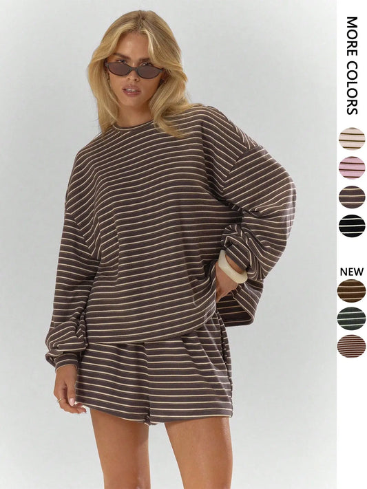 Women'S Striped Set, Loose Fit Oversized, Casual round Neck Long Sleeve Top, Pocket Shorts, 2-Piece Set, Soft Comfortable, Thick Warm Home Wear