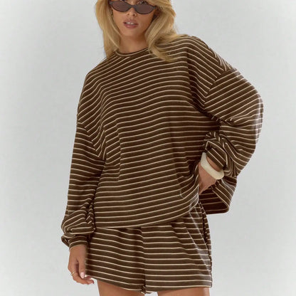 Women'S Striped Set, Loose Fit Oversized, Casual round Neck Long Sleeve Top, Pocket Shorts, 2-Piece Set, Soft Comfortable, Thick Warm Home Wear