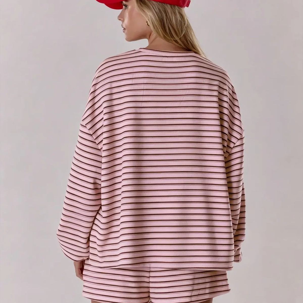 Women'S Striped Set, Loose Fit Oversized, Casual round Neck Long Sleeve Top, Pocket Shorts, 2-Piece Set, Soft Comfortable, Thick Warm Home Wear