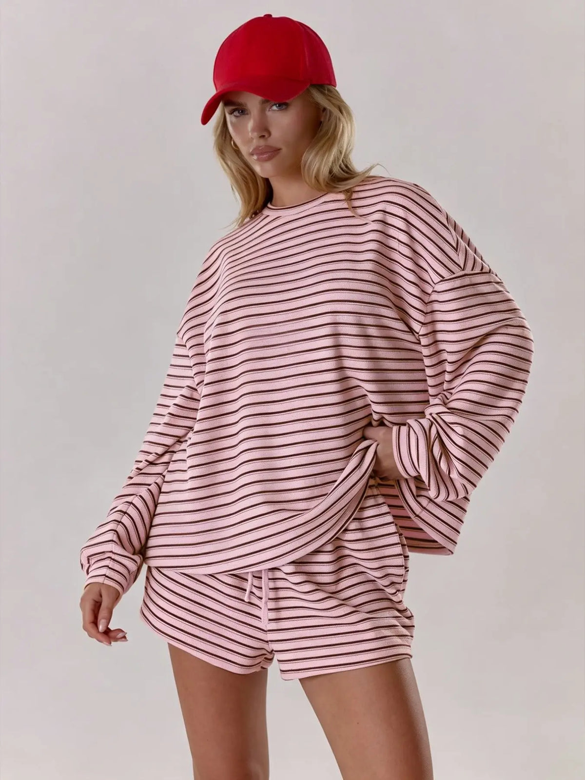 Women'S Striped Set, Loose Fit Oversized, Casual round Neck Long Sleeve Top, Pocket Shorts, 2-Piece Set, Soft Comfortable, Thick Warm Home Wear
