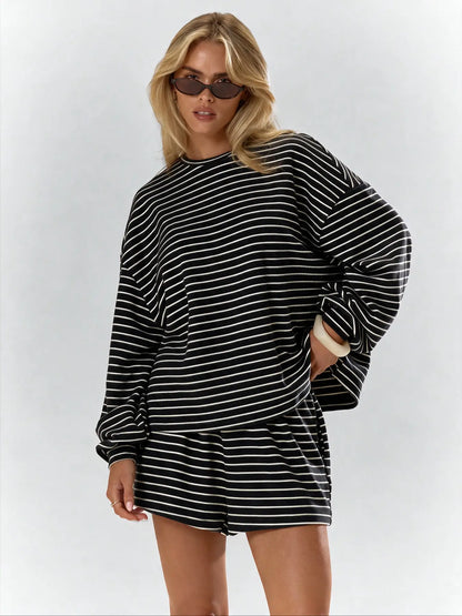 Women'S Striped Set, Loose Fit Oversized, Casual round Neck Long Sleeve Top, Pocket Shorts, 2-Piece Set, Soft Comfortable, Thick Warm Home Wear