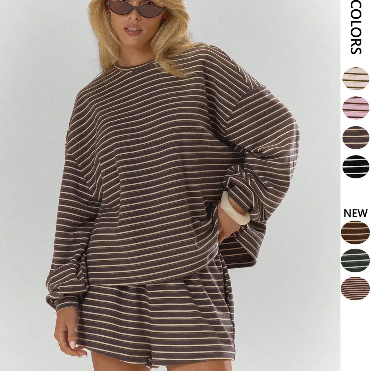Women'S Striped Set, Loose Fit Oversized, Casual round Neck Long Sleeve Top, Pocket Shorts, 2-Piece Set, Soft Comfortable, Thick Warm Home Wear